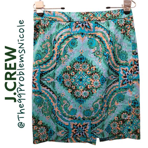J. Crew Casbah Green Medallion Print Pencil Skirt - Picture 1 of 7